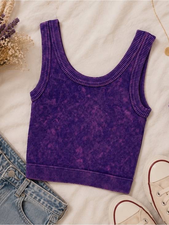 Zenana Outfitters Tops - Zenana Purple Acid Wash Ribbed Crop Tank Y2K Festival Stretch Brami Top Size S/M